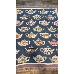 Goodwin Weavers Teapot Woven Throw Blanket Blue Cotton Fringed USA 50x60